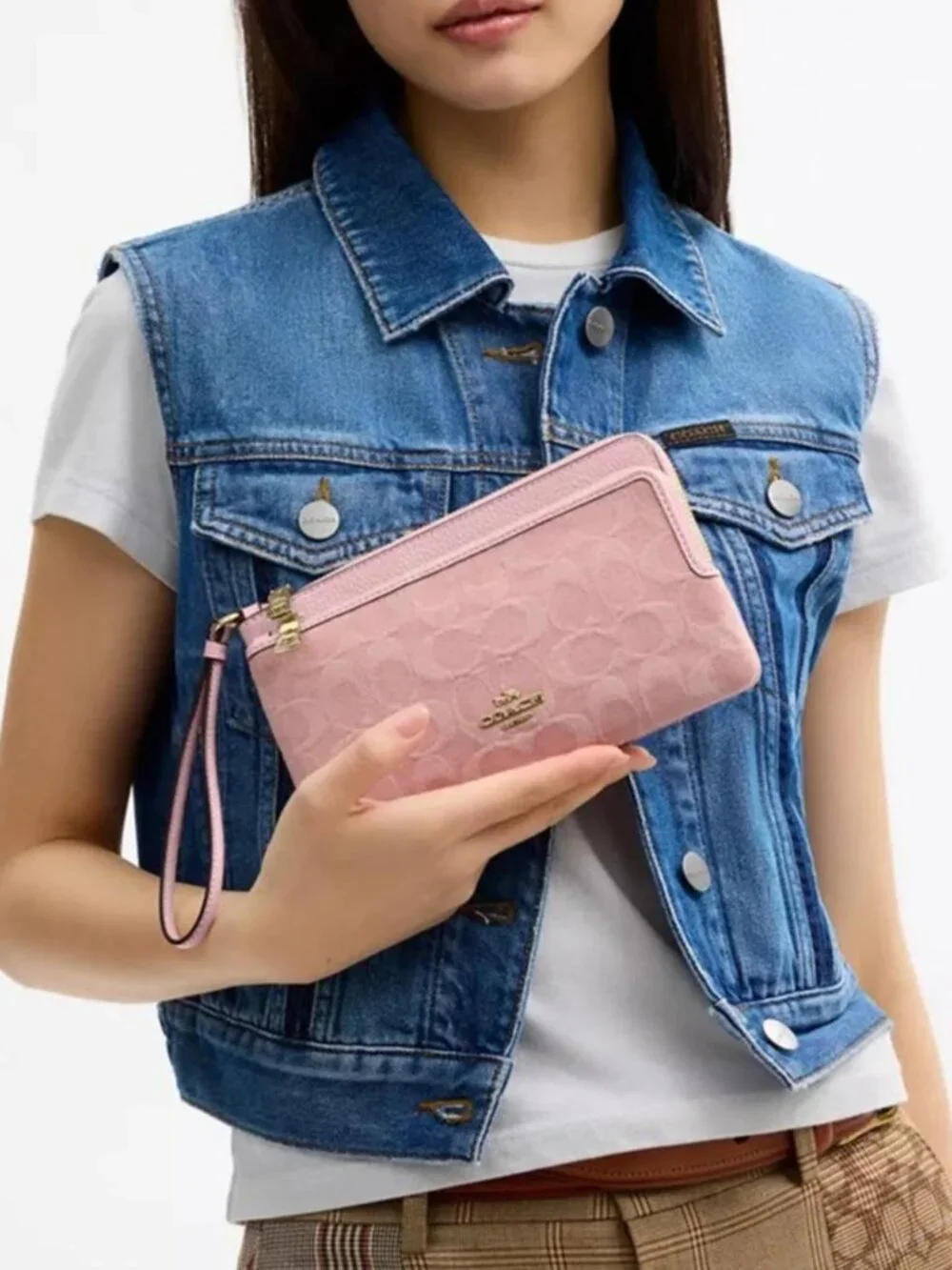 Coach Double Zip Wallet Wristlet In Signature Denim Light Pink CDN22